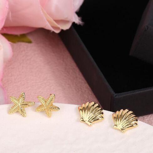 2 Pairs Gold Earrings for Women, Summer Beach Starfish Shell Stud Earrings Set Copper Material Dainty Ocean-Themed Jewelry Accessories for Summer Travel Vacation Daily Wear (Gold) in Saudi Arabia