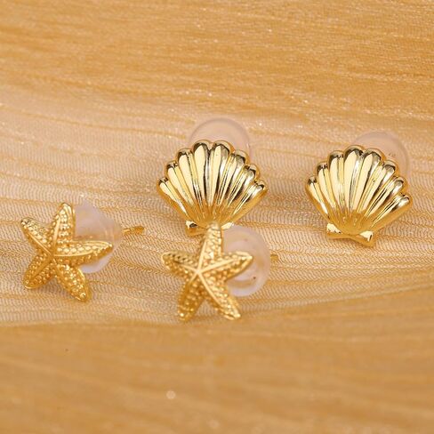 2 Pairs Gold Earrings for Women, Summer Beach Starfish Shell Stud Earrings Set Copper Material Dainty Ocean-Themed Jewelry Accessories for Summer Travel Vacation Daily Wear (Gold) in Saudi Arabia