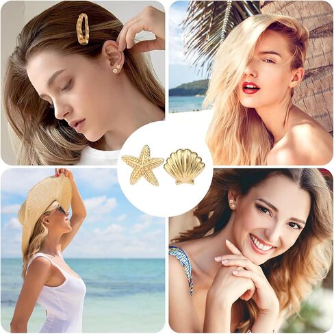 2 Pairs Gold Earrings for Women, Summer Beach Starfish Shell Stud Earrings Set Copper Material Dainty Ocean-Themed Jewelry Accessories for Summer Travel Vacation Daily Wear (Gold) in Saudi Arabia