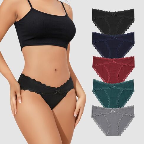 Sexy Cotton Lace Underwear for Women - 5 Pack Briefs Soft Bow Striped Comfortable Panties in Saudi Arabia