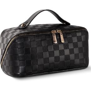 Abiudeng Travel Makeup Bag,Large Capacity Toiletry Bag Cosmetic Bags for Travel Essentials,Waterproof Portable Pouch Open Flat Makeup bag Organizer with Divider and Handle(Checkered-Brown) in Saudi Arabia