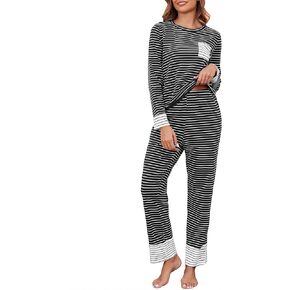 طقم بيجامة نسائي قطني بأكمام طويلة مكون من قطعتين طقم صالة ناعم Pj طقم ملابس نوم شتوية بجيوب in Kuwait