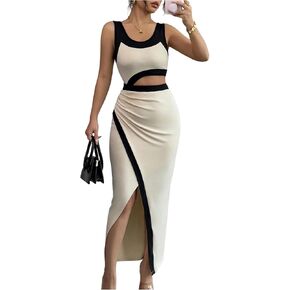 GORGLITTER Women's Color Block Bodycon Maxi Dress Sleeveless Cut Out Ruched Summer Church Easter Graduation Long Dress in Kuwait