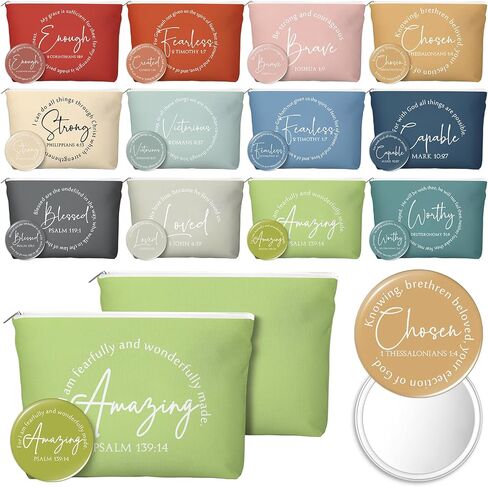 Geelin 12 Sets Christmas Christian Gifts Bulk for Women Bible Verse Canvas Makeup Bags with Inspirational Compact Mirrors Pastor Clergy Appreciation Gifts for Sunday School Teachers (Classic) in Saudi Arabia