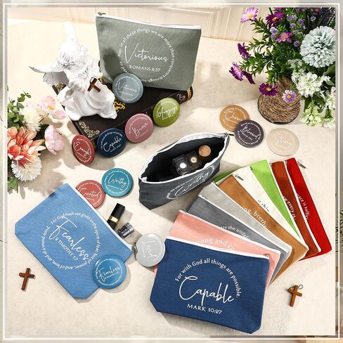 Geelin 12 Sets Christmas Christian Gifts Bulk for Women Bible Verse Canvas Makeup Bags with Inspirational Compact Mirrors Pastor Clergy Appreciation Gifts for Sunday School Teachers (Classic) in Saudi Arabia