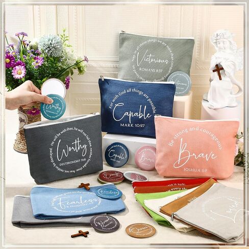 Geelin 12 Sets Christmas Christian Gifts Bulk for Women Bible Verse Canvas Makeup Bags with Inspirational Compact Mirrors Pastor Clergy Appreciation Gifts for Sunday School Teachers (Classic) in Saudi Arabia