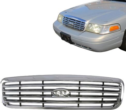 CarPartsDepot Front Upper Chrome Grille Assembly Grill With Gray Insert And Emblem Provision Compatible With Ford Crown Victoria Sedan 1998-2011 F8AZ8200AA FO1200346 in Saudi Arabia