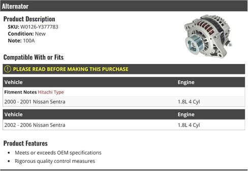 Alternator - 100 Amp - Compatible with 2000-2006 Nissan Sentra 1.8L 4-Cylinder in Saudi Arabia