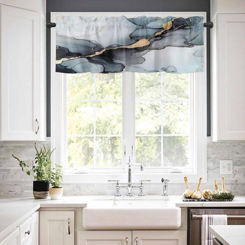 Valance Curtains for Kitchen Abstract Art Marble Gradient Grey Light Blue Rod Pocket Window Valances for Living Room Bathroom Bedroom 52" W x 18" L in Saudi Arabia