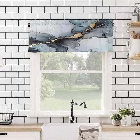 Valance Curtains for Kitchen Abstract Art Marble Gradient Grey Light Blue Rod Pocket Window Valances for Living Room Bathroom Bedroom 52" W x 18" L in Saudi Arabia