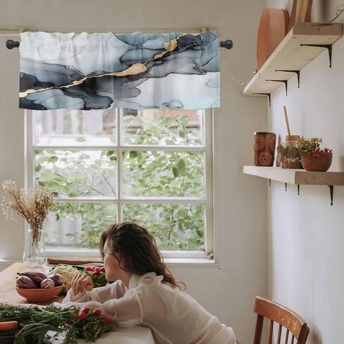 Valance Curtains for Kitchen Abstract Art Marble Gradient Grey Light Blue Rod Pocket Window Valances for Living Room Bathroom Bedroom 52" W x 18" L in Saudi Arabia