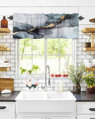 Valance Curtains for Kitchen Abstract Art Marble Gradient Grey Light Blue Rod Pocket Window Valances for Living Room Bathroom Bedroom 52" W x 18" L in Saudi Arabia