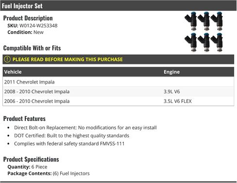 Fuel Injector Set of 6 - Compatible with 2006-2011 Chevy Impala V6 in Saudi Arabia