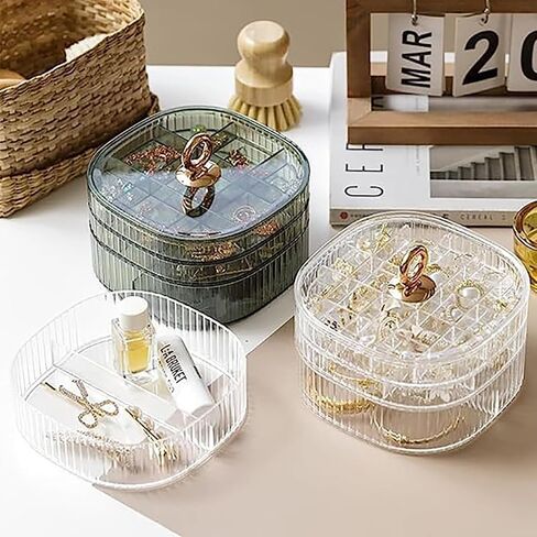 3-Layer Transparent Box Jewelry Organizer with Handle Box for Earrings, Rings, Necklaces Bracelets, Watches, Stylish Multi-Functional Accessory Holder (Transparent) in Saudi Arabia
