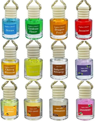 Air Diffuser Essential Oil Set | 12 Natural Scents Like Jasmine, Ocean, Sandalwood | Long Lasting Car Air Freshener for Women & Men | Hanging Glass Bottles, Air Freshener for Travel (8 ML Per Bottle) in Saudi Arabia