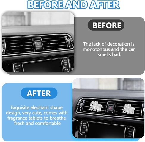 2PCS Bling Car Air Vent Clip, Crystal Elephant Car Air Freshener Vent Clips, Sparkly Rhinestone Auto Air Conditioning Outlet Clip Charm Decoration, Universal for Women Girls (Silver) in Kuwait