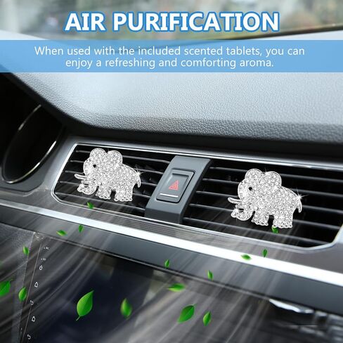 2PCS Bling Car Air Vent Clip, Crystal Elephant Car Air Freshener Vent Clips, Sparkly Rhinestone Auto Air Conditioning Outlet Clip Charm Decoration, Universal for Women Girls (Silver) in Kuwait