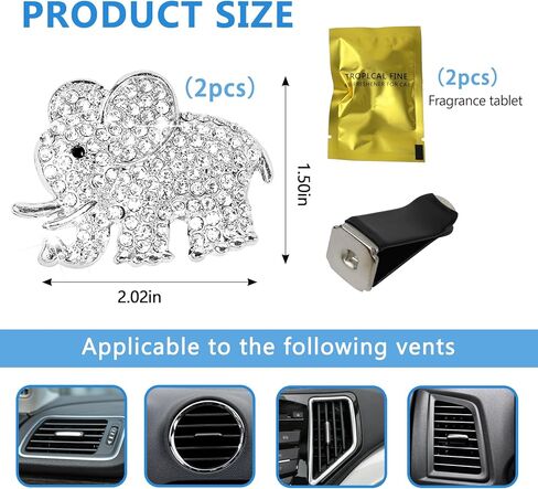 2PCS Bling Car Air Vent Clip, Crystal Elephant Car Air Freshener Vent Clips, Sparkly Rhinestone Auto Air Conditioning Outlet Clip Charm Decoration, Universal for Women Girls (Silver) in Kuwait