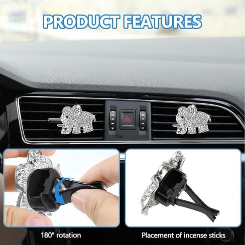 2PCS Bling Car Air Vent Clip, Crystal Elephant Car Air Freshener Vent Clips, Sparkly Rhinestone Auto Air Conditioning Outlet Clip Charm Decoration, Universal for Women Girls (Silver) in Kuwait