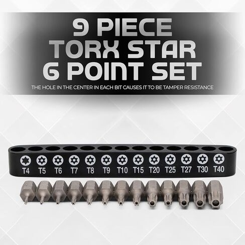 RAMPRO 9Pc Torx Star 5 Point، مقاومة للتلاعب الأمني، مجموعة لقم السائق- T10، 15,20,25,27,30,40,45,50- طقم عزم دوران مجوف متعدد الوظائف مقاوم للتلف/القص in Kuwait