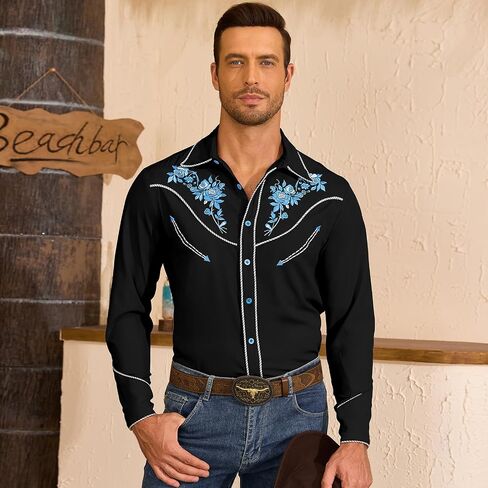 Men's Western Cowboy Shirt - Long Sleeve Mexican Shirt for Halloween Day of The Dead Button Down Casual Shirt in Saudi Arabia