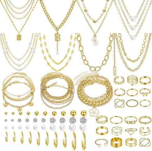 KOSMOS-LI 49 PCS Gold Plated Jewelry Sets with 8 PCS Necklace, 10 PCS Bracelet, 11 Pair Ear Hoop Earring, 22 PCS Knuckle Rings for Women in Saudi Arabia