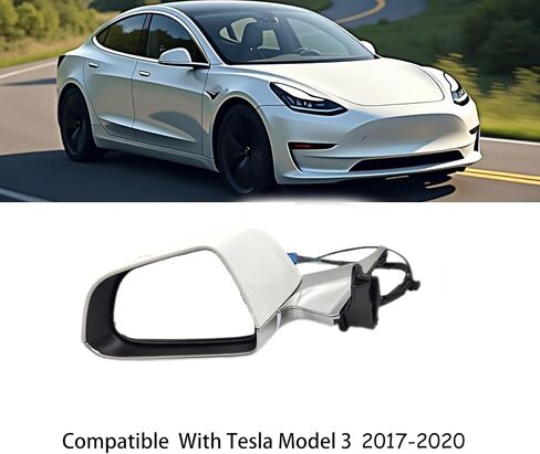 مجموعة مرآة الرؤية الجانبية للسائق طراز Tesla 3 متوافقة مع مرآة الباب الأيسر 2017-2020 مع استدعاء الذاكرة/طي الطاقة/زجاج ساخن/تعديل الطاقة (كروم) أبيض in Kuwait