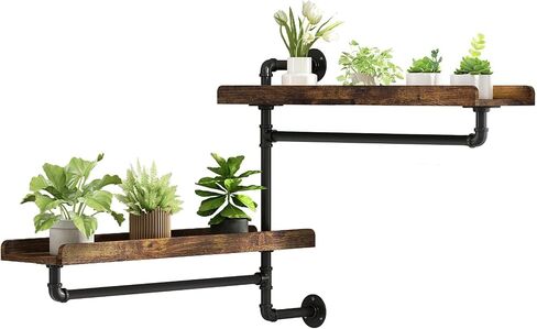Rotating Floating Shelves for Wall w Powerful Storage,Farm-Style Window Plant Shelves w Industrial Pipe,Strong Load-Bearing,Plant Shelf Made of Waterproof Wood for Home Decor & Plant Pots,2 Layer in Saudi Arabia