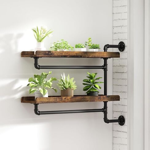 Rotating Floating Shelves for Wall w Powerful Storage,Farm-Style Window Plant Shelves w Industrial Pipe,Strong Load-Bearing,Plant Shelf Made of Waterproof Wood for Home Decor & Plant Pots,2 Layer in Saudi Arabia