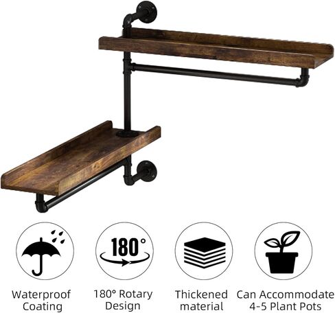 Rotating Floating Shelves for Wall w Powerful Storage,Farm-Style Window Plant Shelves w Industrial Pipe,Strong Load-Bearing,Plant Shelf Made of Waterproof Wood for Home Decor & Plant Pots,2 Layer in Saudi Arabia