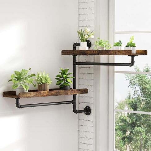 Rotating Floating Shelves for Wall w Powerful Storage,Farm-Style Window Plant Shelves w Industrial Pipe,Strong Load-Bearing,Plant Shelf Made of Waterproof Wood for Home Decor & Plant Pots,2 Layer in Saudi Arabia