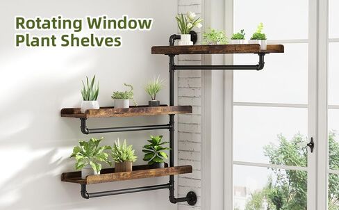 Rotating Floating Shelves for Wall w Powerful Storage,Farm-Style Window Plant Shelves w Industrial Pipe,Strong Load-Bearing,Plant Shelf Made of Waterproof Wood for Home Decor & Plant Pots,2 Layer in Saudi Arabia