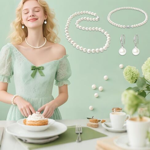 3 Piece 10mm Pearl Necklace Set for Women, Pearl Jewelry Set Includes Necklace, Bracelet and Earrings with Box for Brides Wedding Birthday Valentine Christmas Day Gifts in Kuwait