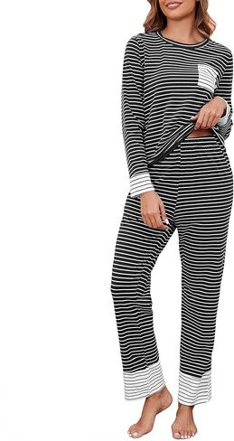 طقم بيجامة نسائي قطني بأكمام طويلة مكون من قطعتين طقم صالة ناعم Pj طقم ملابس نوم شتوية بجيوب in Kuwait