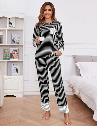 طقم بيجامة نسائي قطني بأكمام طويلة مكون من قطعتين طقم صالة ناعم Pj طقم ملابس نوم شتوية بجيوب in Kuwait