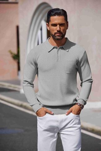 COOFANDY Mens Long Sleeve Polo Sweater Knit Polo Casual Thermal Pullover Sweater with Pocket in Kuwait
