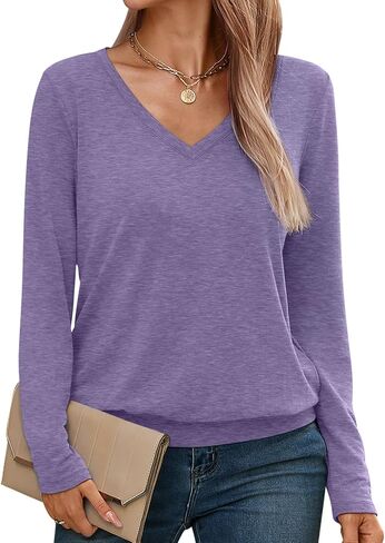Womens V Neck Long Sleeve Shirts Casual Banded Hem Tops Basic Tees Spring Fall Clothes 2025 in Kuwait