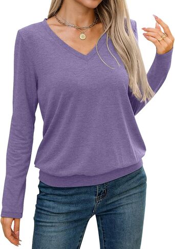 Womens V Neck Long Sleeve Shirts Casual Banded Hem Tops Basic Tees Spring Fall Clothes 2025 in Kuwait