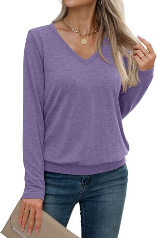 Womens V Neck Long Sleeve Shirts Casual Banded Hem Tops Basic Tees Spring Fall Clothes 2025 in Kuwait