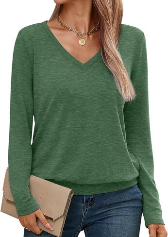Womens V Neck Long Sleeve Shirts Casual Banded Hem Tops Basic Tees Spring Fall Clothes 2025 in Kuwait