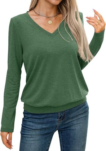 Womens V Neck Long Sleeve Shirts Casual Banded Hem Tops Basic Tees Spring Fall Clothes 2025 in Kuwait