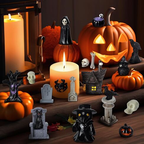 40Pcs Halloween Miniatures for Crafts Mini Figurines Skull Heads Resin Tombstones Skeleton Ornaments Halloween Fairy Garden Decor Horror Village Collections Dollhouse Accessories Decor ﻿ in Saudi Arabia