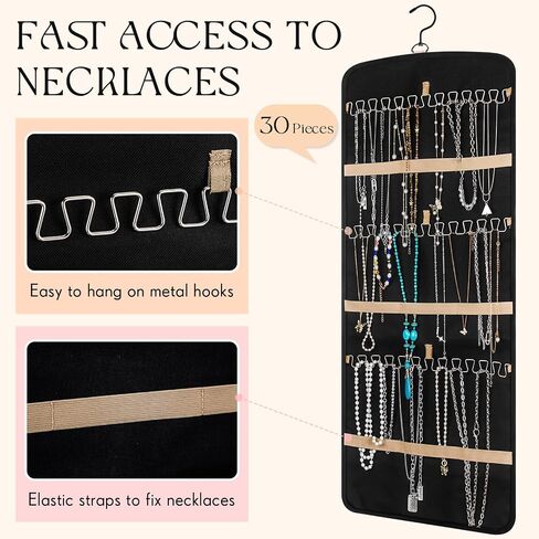 2 Pack Hanging Jewelry Organizer with 39 Pockets, 30 Necklace Hooks Double Sided Wall Mount Jewelry Holder Anti Tangle Earrings Rings Hanger Jewelry Display Bag for Wardrobe Wall Door, Black in Kuwait