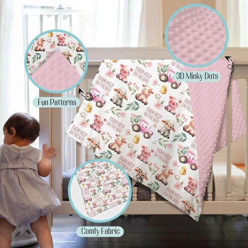 Mink Baby Girl Blanket Farm Life Barn Animal Pink, Cow Horse Sheep Chicken Chick Pig Tractor Double Layer Dotted Backing Receiving Blankets Newborn Infant Toddler Nursery Crib Bedding 30 x 40 in Kuwait