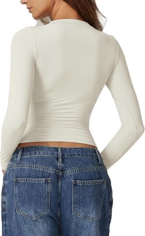 QINSEN Womens Crewneck Long Sleeve Shirt Double Lined Basic Tees Side Ruched Going Out Crop Tops in Kuwait