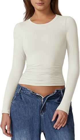 QINSEN Womens Crewneck Long Sleeve Shirt Double Lined Basic Tees Side Ruched Going Out Crop Tops in Kuwait