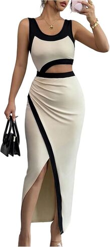 GORGLITTER المرأة كتلة اللون Bodycon فستان ماكسي بلا أكمام قطع Ruched الصيف الكنيسة عيد الفصح التخرج فستان طويل in Saudi Arabia