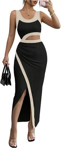 GORGLITTER المرأة كتلة اللون Bodycon فستان ماكسي بلا أكمام قطع Ruched الصيف الكنيسة عيد الفصح التخرج فستان طويل in Kuwait