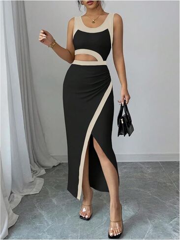 GORGLITTER المرأة كتلة اللون Bodycon فستان ماكسي بلا أكمام قطع Ruched الصيف الكنيسة عيد الفصح التخرج فستان طويل in Kuwait
