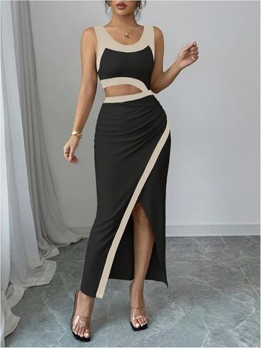 GORGLITTER المرأة كتلة اللون Bodycon فستان ماكسي بلا أكمام قطع Ruched الصيف الكنيسة عيد الفصح التخرج فستان طويل in Kuwait